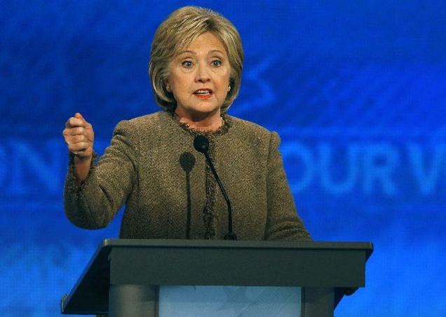 Hillary Clinton speaks during a Democratic presidential primary debate on Saturday at Saint Anselm College in Manchester N.H