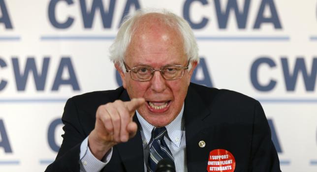 US Senator Bernie Sanders speaks at the Communication Workers of America office in Washingt