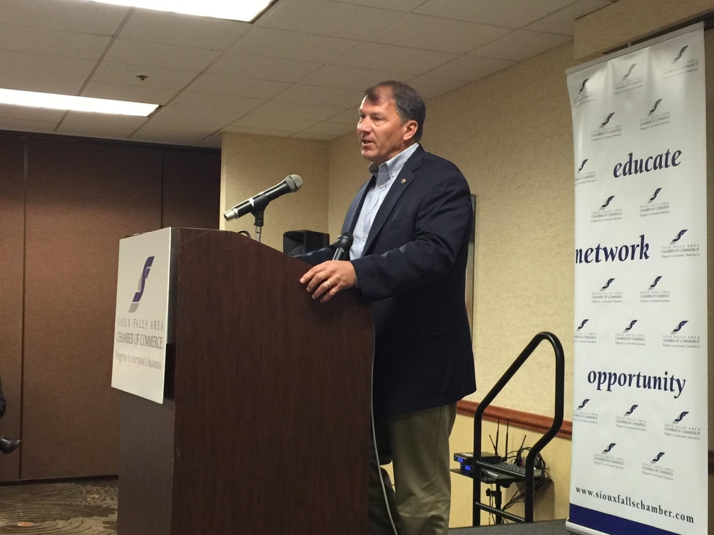 US Senator Mike Rounds speaks in Sioux Falls in August during a United States Senate break