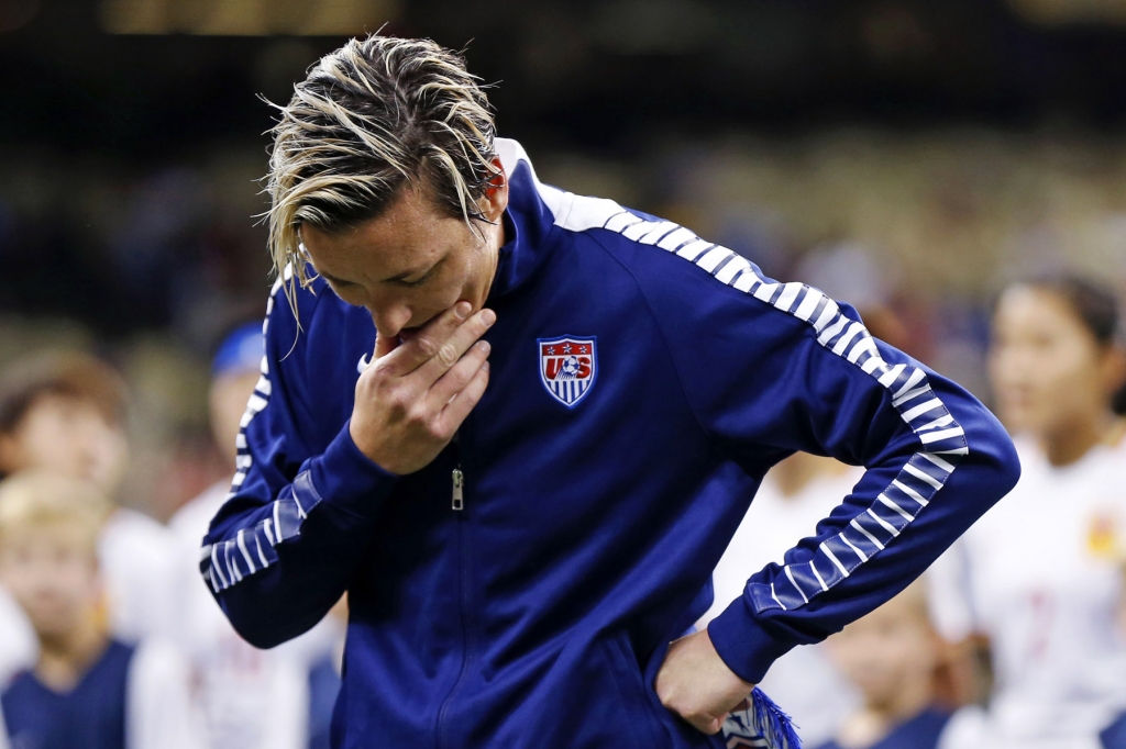 US forward Abby Wambach reacts during a presentation before her Dec. 16 farewell match against