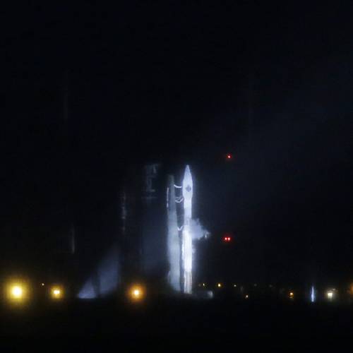 Launch Alliance Atlas V rocket stands ready shortly before a launch attempt was scrubbed due to poor weather conditions on launch complex 41at the Cape Canaveral Air Force Station Thursday Dec. 3 2015 in Cape Canaveral Fla. Another