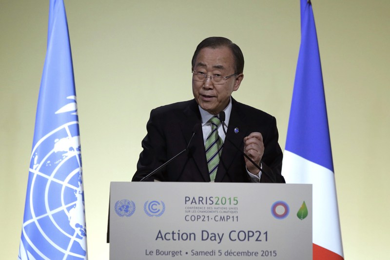 United Nations Secretary General Ban Ki-moon delivers his speech during the Action Day at the World Climate Change Conference 2015 at Le Bourget near Paris France