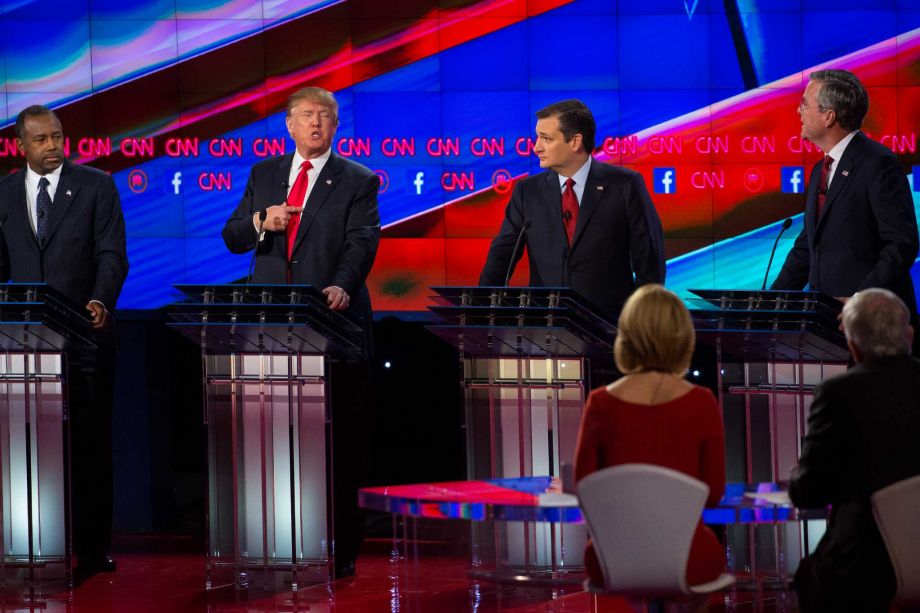 Some of the most effective exhanges of the night — for Jeb Bush — were between him and Donald Trump who revealed himself to be a candidate lacking serious strategy for keeping Americans safe. From left Ben Carson Trump Sen. Ted Cruz and Bush on