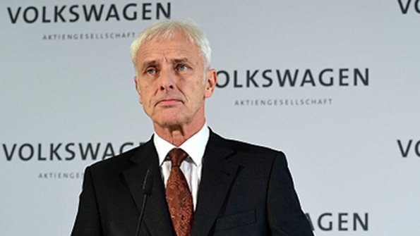 Volkswagen Group CEO Matthias Mueller speaks with the media