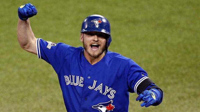 Toronto Blue Jays’ Josh Donaldson shown celebrating his two-run homer against the Kansas City Royals during Game 3 of the American League Championship Series on Oct. 19 in Toronto was named the AL most valuable player on Thursday