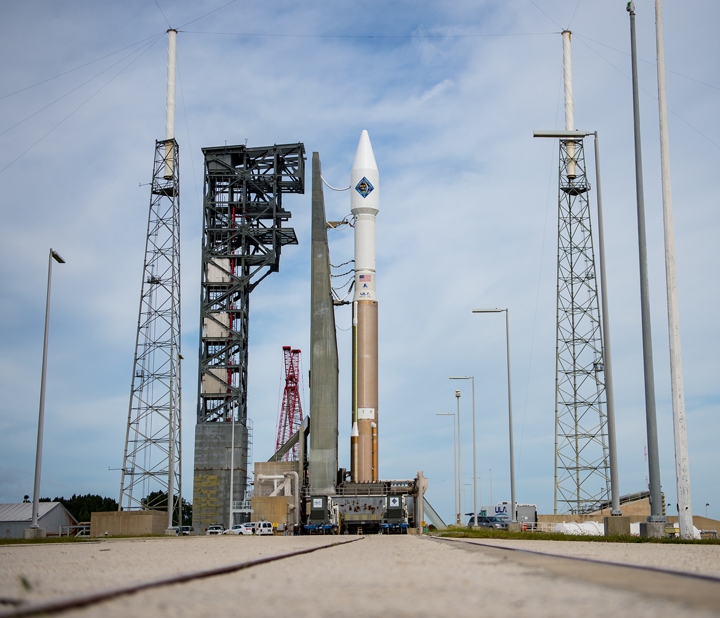 The United Launch Alliance Atlas V rocket with Orbital ATK’s Cygnus spacecraft onboard is seen shortly after arriving at the launch pad on Wednesday Dec. 2 2015 at the Cape Canaveral Air Force Station Space Launch Complex 41 in Florida