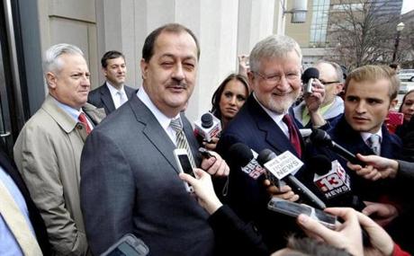 Former Massey Energy CEO Don Blankenship shown with his lawyer William Taylor at his side was found guilty on one charge relating to a 2010 mine explosion that killed 29 people