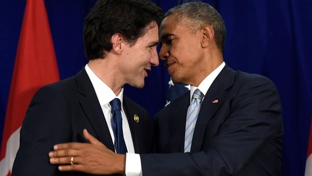 U.S. President Barack Obama right and Canada's Prime Minister Justin Trudeau left stand to shake hands following their bilateral meeting at the Asia Pacific Economic Cooperation summit in Manila Philippines Thursday Nov. 19 2015