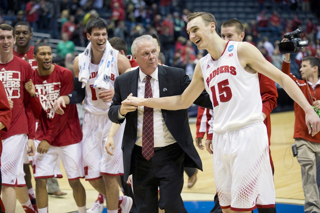 Wisconsin Badgers Head Coach Bo Ryan and forward Sam Dekker share a moment after the third-round game in the NCAA college basketball tournament against the Oregon Ducks Saturday