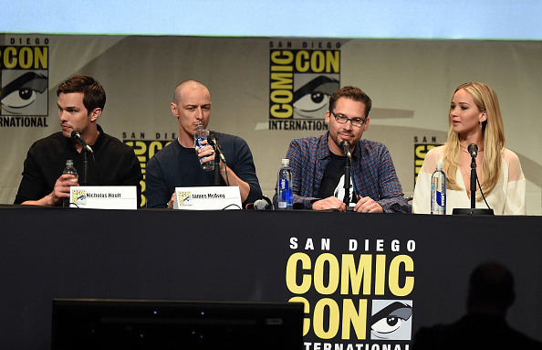 Actor Nicholas Hoult actor James McAvoy director Bryan Singer and actress Jennifer Lawrence from 'X-Men Apocalypse&#039 speak onstage at the 20th Century FOX panel during Comic Con International 2015