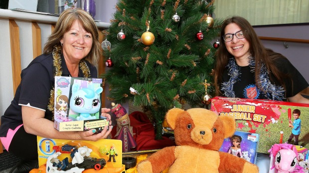 Blenheim Salvation Army community ministries co-ordinator Bridget Lauder left and volunteer Chloe Shanks with some of the toys donated to their annual Christmas toy appeal