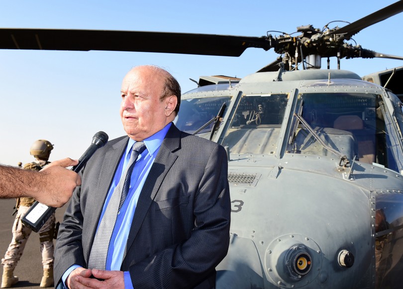 Yemeni President Abedrabbo Mansour Hadi on a visit to the Al Anad military airbase 50 kilometers north of Aden