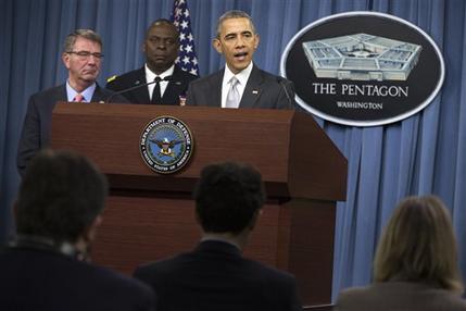 President Barack Obama accompanied by Defense Secretary Ash Carter and Commander of U.S. Central Command Gen. Lloyd Austin speaks at the Pentagon Monday Dec. 14 2015 about the fight against the Islamic State group following a National Security Counc