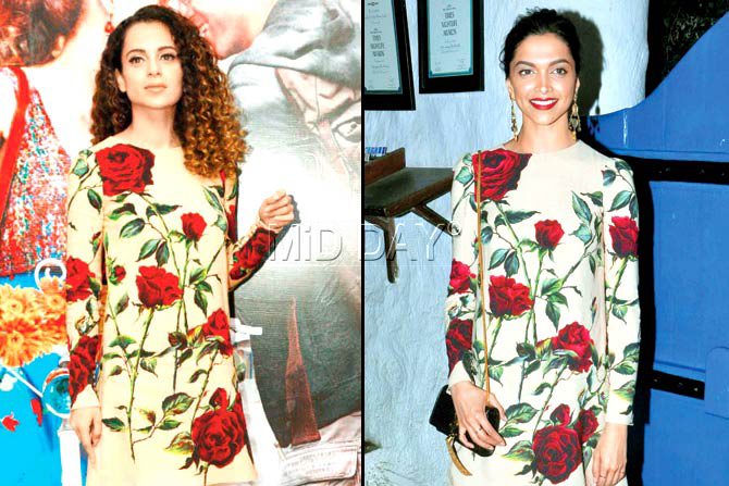 Kangana Ranaut at an event for her film Katti Batti in September and Deepika Padukone at the success bash for Tamasha on Monday. PIC  Swarali Purohit