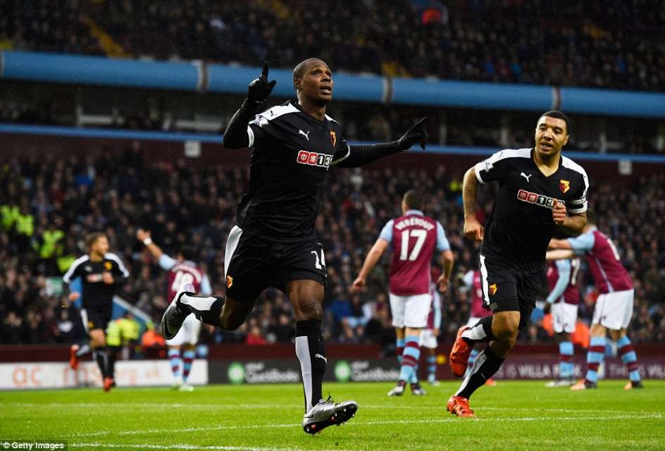 Odion Ighalo celebrates after scoring for Watford against Aston Villa