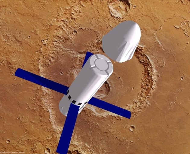 A computer-generated animation shows a lander separating from the rest of the Mars Colonial Transporter