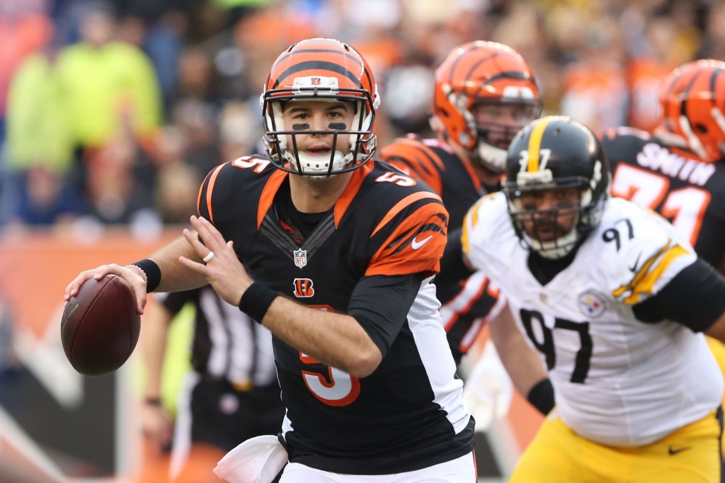 Cincinnati Bengals tight end Tyler Eifert celebrates scoring a touchdown with wide receiver Marvin Jones in the first half of an NFL football game against the Baltimore Ravens Sunday Jan. 3 2016 in Cincinnati