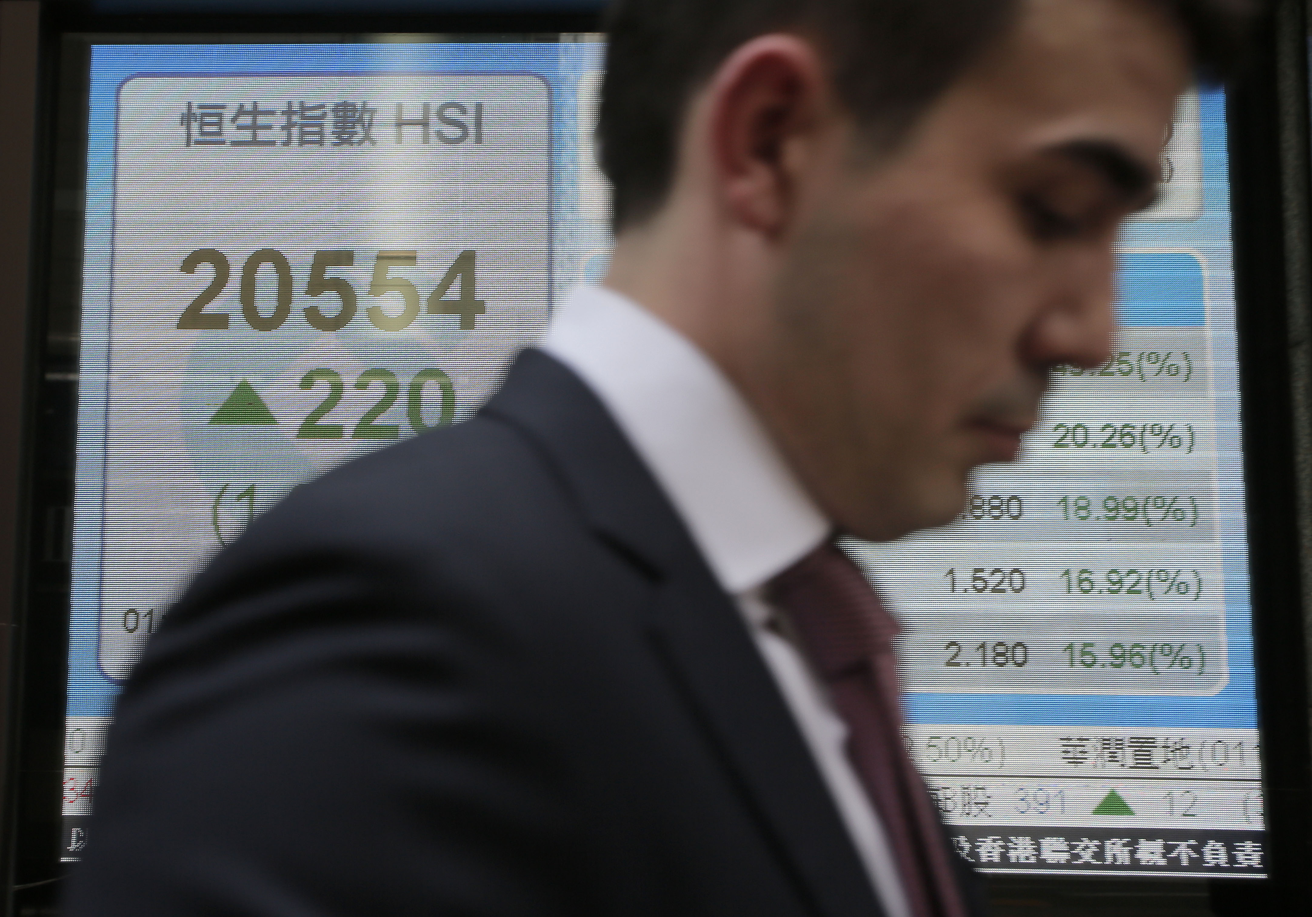 A man walks past an electronic board showing Hong Kong share index outside a local bank in Hong Kong Friday Jan. 8 2016. Chinese stocks were volatile Friday and other Asian markets rebounded a day after a sharp sell-off in China rattled global markets