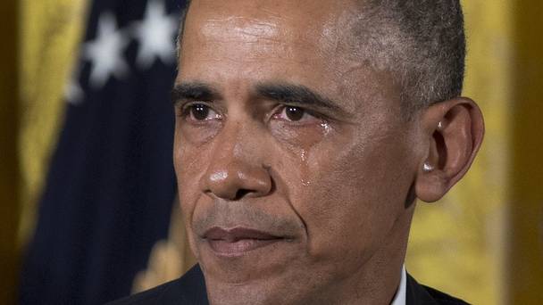 A tear rolls down President Barack Obama's face as he unveils his gun control plans at the White House