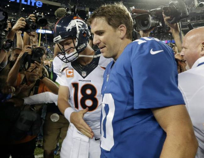 Giants’ Eli Manning right says he doesn’t know if brother Peyton of the Broncos is retiring after the Super Bowl