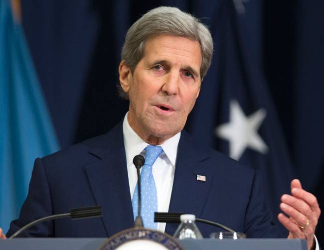 Secretary of State John Kerry gestures while giving a foreign policy speech Wednesday Jan. 13 2016 at National Defense University in Washington