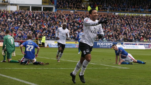 Aaron Lennon celebrates scoring for Everton against Carlisle