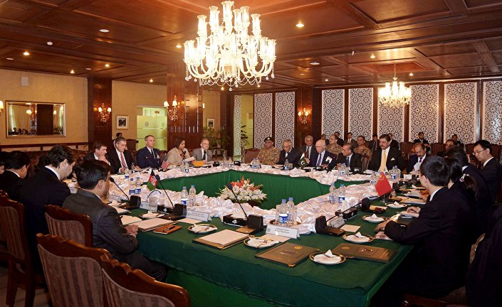 Delegates from Pakistan Afghanistan China and United States attend a meeting hoping to lay the roadmap for peace talks with the Taliban at the foreign ministry in Islamabad Pakistan Monday Jan. 11 2016