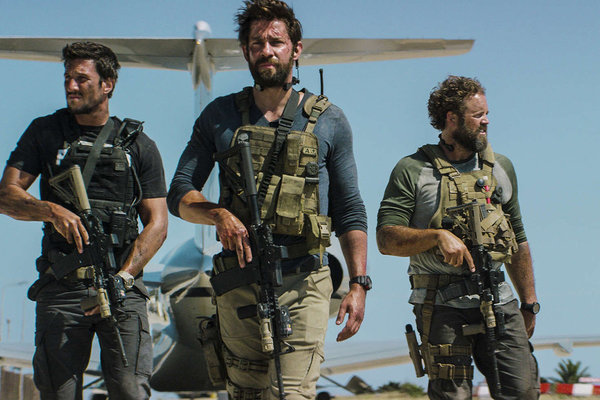 Pablo Schreiber from left as Kris'Tanto Paronto John Krasinski as Jack Silva David Denman as Dave'Boon Benton and Dominic Fumusa as John'Tig Tiegen in the film'13 Hours The Secret Soldiers of Benghazi