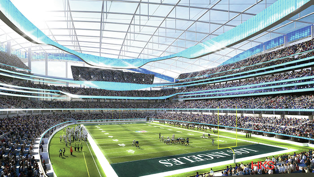 An architect’s rendering of the football stadium in Stan Kroenke’s proposed entertainment complex in Inglewood California.			HKS Architects