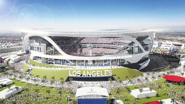 An image provided by Manica Architecture shows a rendering of a proposed NFL football stadium in Carson Calif