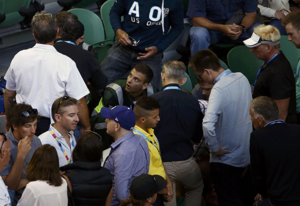 Medical personnel attend to Nigel Sears, Ana Ivanovic’s coach after he collapsed during her’s third round match against Madison Keys causing play to be suspended at the Australian Open tennis tournament at Melbourne Park. – Reuters