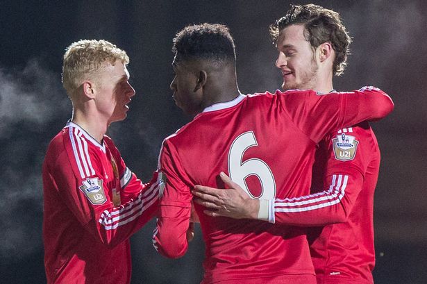 Celebrations as Will Keane scores during the Barclays U21 Premier League match between Reading and Manchester United at Adams Park on 11 January 2016