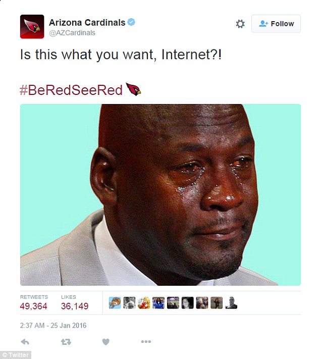 Arizona tweeted the Michael Jordan crying face meme after getting hammered by the Panthers last night