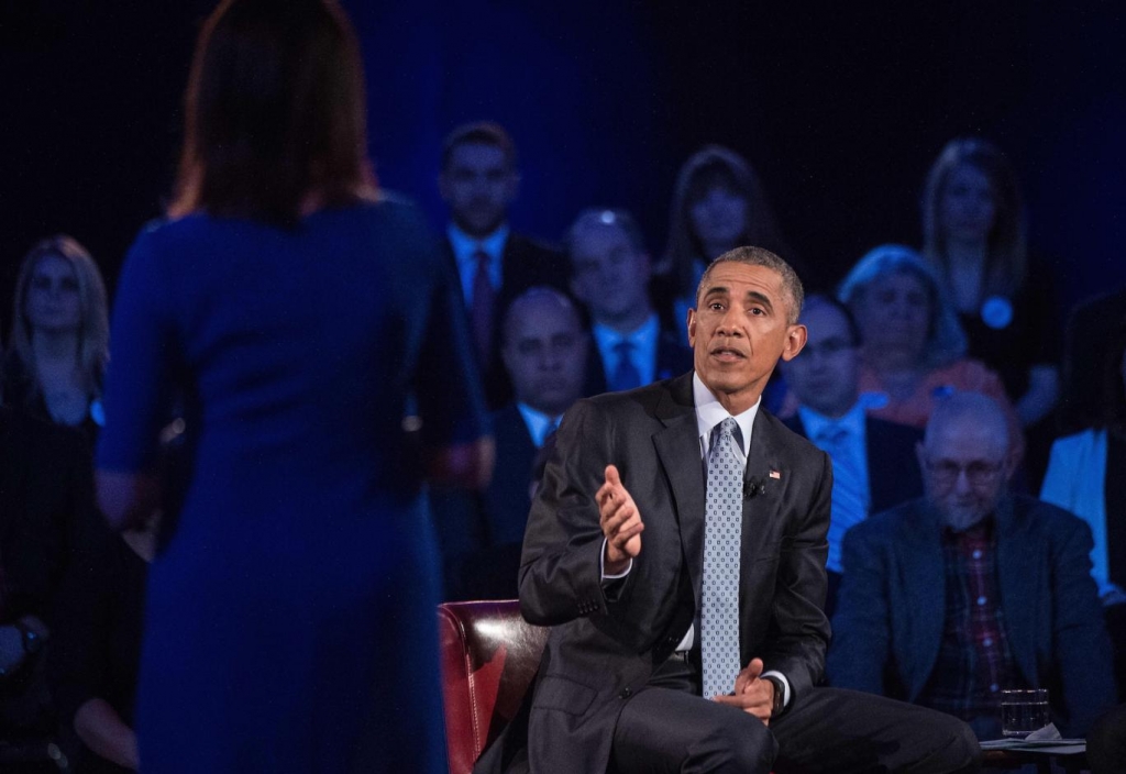 Barack Obama answers questions at George Mason University. Nicholas Kamm  Getty