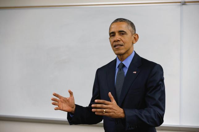 U.S. President Barack Obama delivers remarks on the recent shootings in San Bernardino after meeting with victims families at Indian Springs High School in San Bernardino California