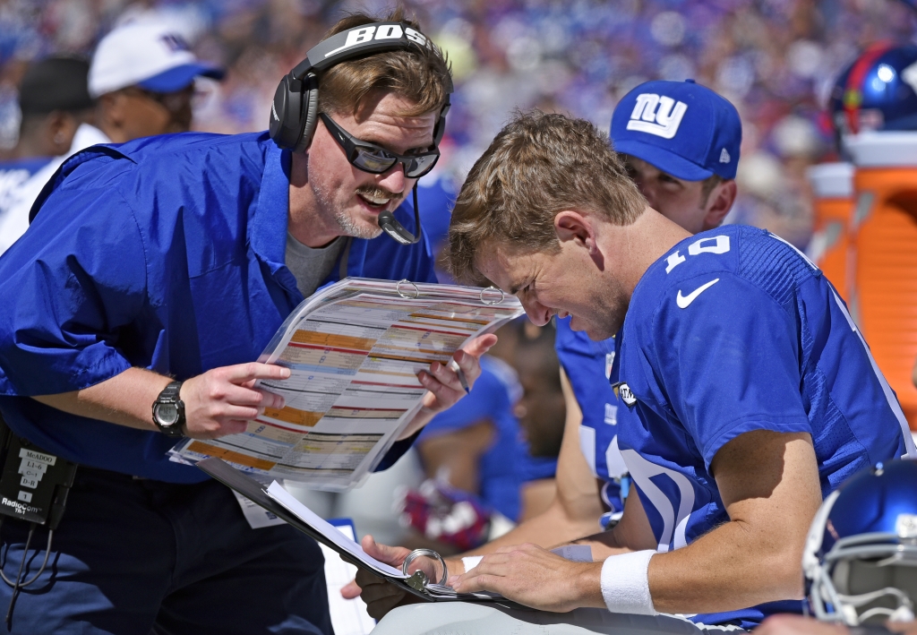 Offensive coordinator Bob Mc Adoo and QB Eli Manning discuss plays. N.Y. Giants vs. Atlanta Falcons at Met Life Stadium