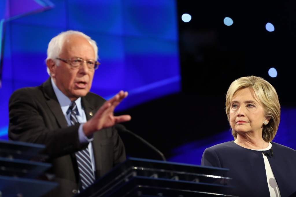 Bernie Sanders and Hillary Clinton at the CNN Democratic Debate at the Wynn Hotel in Las Vegas Tuesday