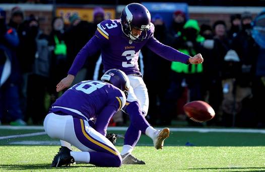 Minnesota Vikings kicker Blair Walsh misses a field goal against the Seattle Seahawks in the fourth quarter of a NFC Wild Card playoff football game at TCF Bank Stadium. Mandatory Credit Brace Hemmelgarn-USA TODAY Sports