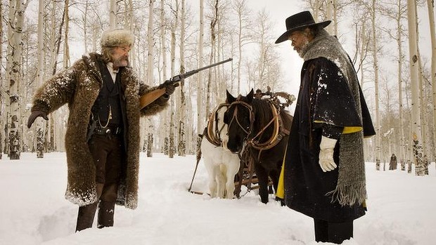 Bounty hunters Kurt Russell and Samuel L. Jackson face off in The Hateful Eight