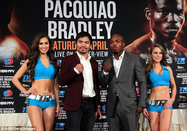 Boxers Manny Pacquiao and Timothy Bradley pose ahead of their upcoming fight in April