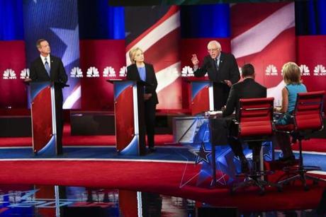 From left Democratic presidential candidates Martin O'Malley Hillary Clinton and Bernie Sanders during Sunday’s debate in Charleston S.C