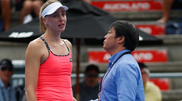 Naomi Broad appeals to WTA supervisor Tony Cho for opponent Jelena Ostapenko to be disqualified for throwing her racket which hit a ball boy