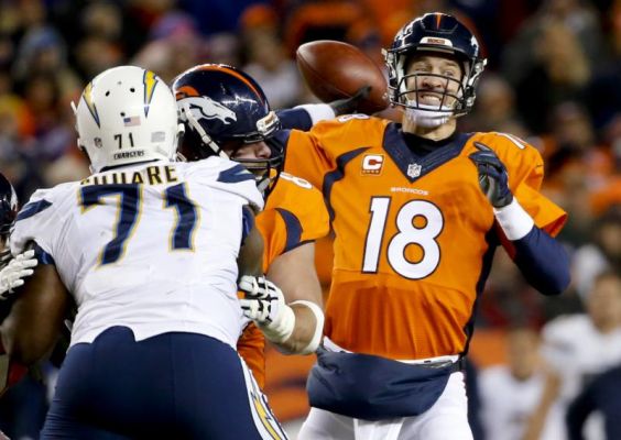 Denver Broncos quarterback Peyton Manning right passes against