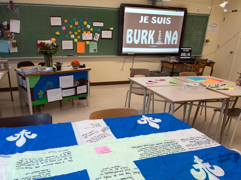 The Quebec City classroom where Burkina Faso victim Maude Carrier taught is transformed on Monday by students and colleagues into a memorial after she died in a terrorist attack last week