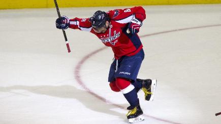 Alex Ovechkin celebrates after scoring his 500th career goal