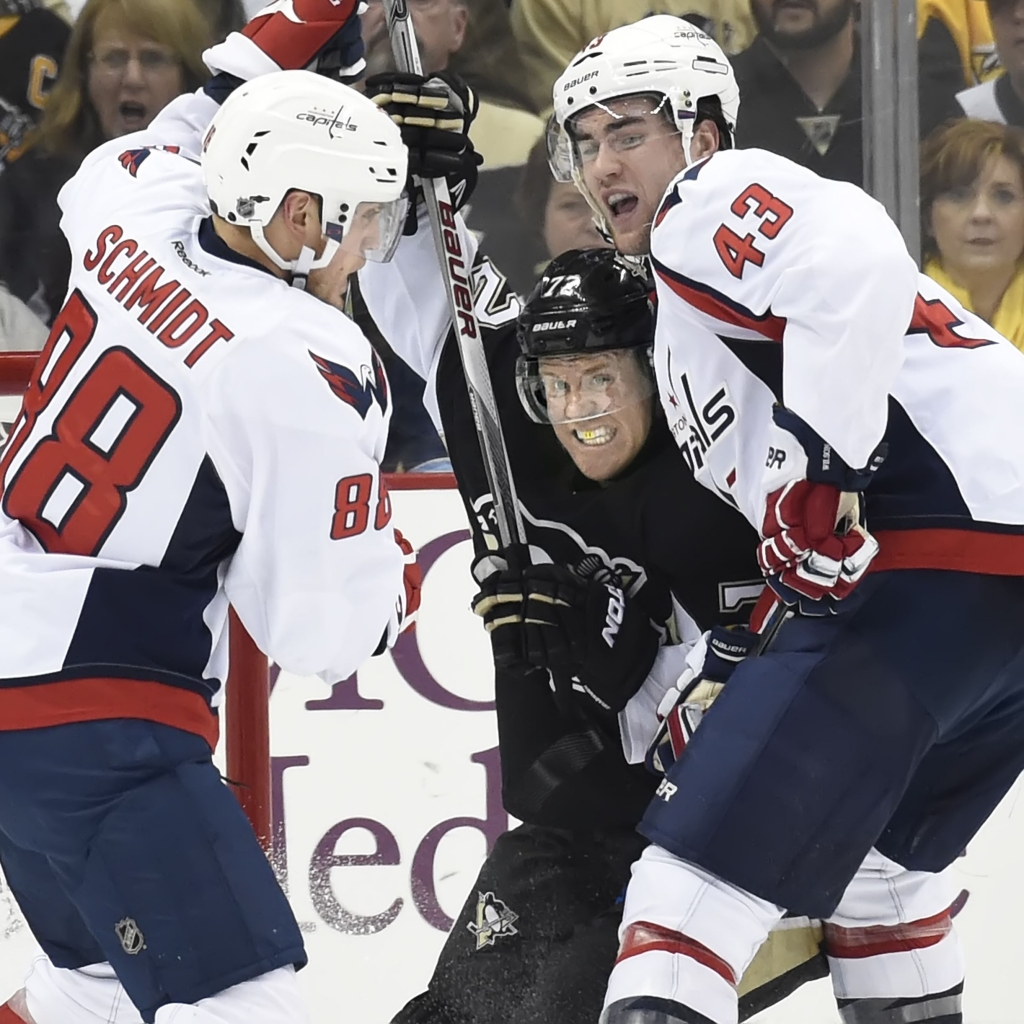 20151214pdPenguinsSports10-4 Patric Hornqvist is double-teamed by Capitals Nate Schmidt and Tom Wilson. The teams&#39 upcoming meeting is scheduled to go on despite a massive storm that's forecast to hit the D.C. area this weekend