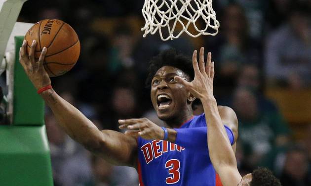 Detroit Pistons&#039 Stanley Johnson shoots against Boston Celtics&#039 Evan Turner during the second quarter of an NBA basketball game in Boston Wednesday Jan. 6 2016