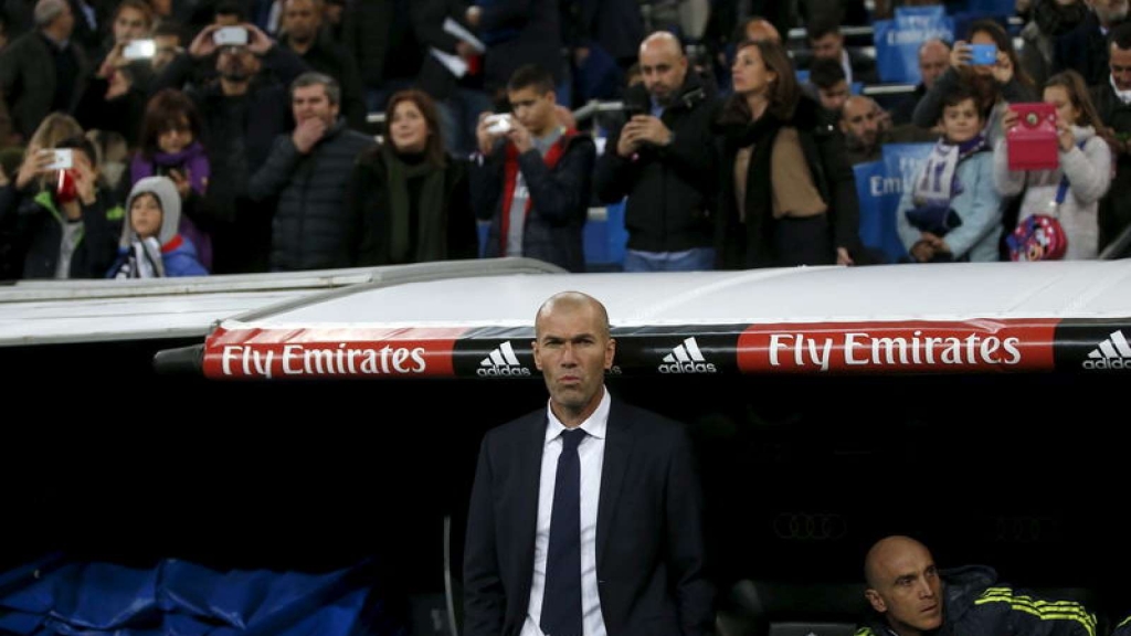 Real Madrid's new coach Zinedine Zidane waits for the start of Real Madrid v Deportivo Coruna