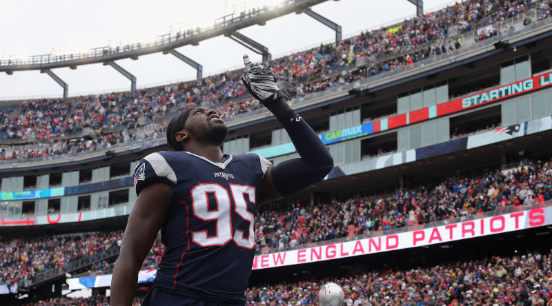 Chandler Jones of the New England Patriots looks on prior to the game against the Philadelphia Eagles at Gillette Stadium