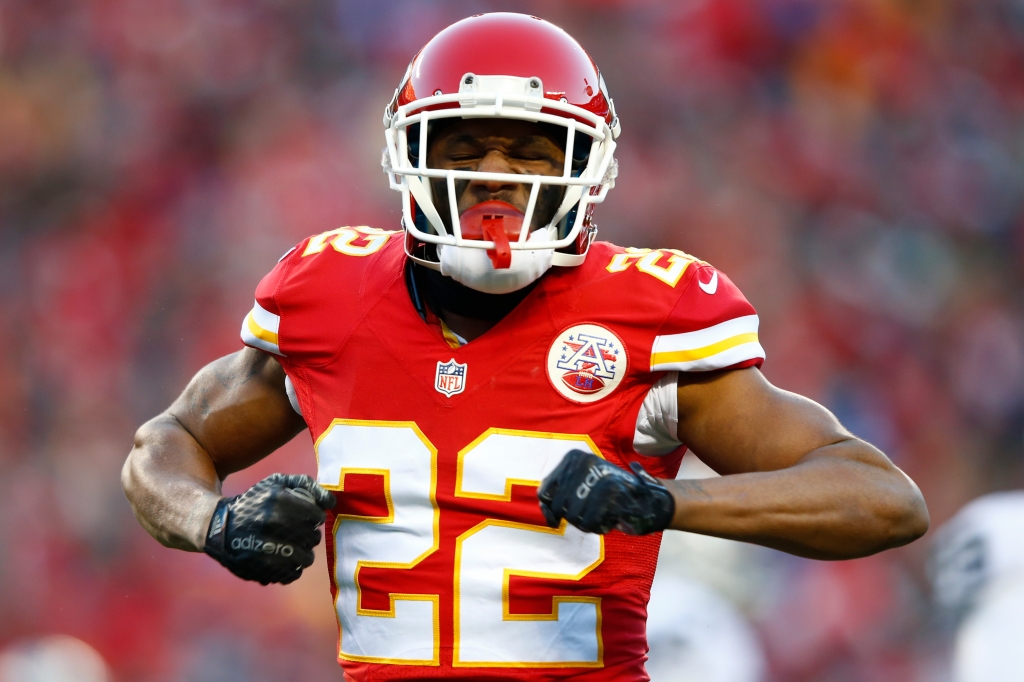 KANSAS CITY MO- JANUARY 3 Marcus Peters #22 of the Kansas City Chiefs celebrates after defending against a pass at Arrowhead Stadium during the second quarter of the game agains the Oakland Raiders